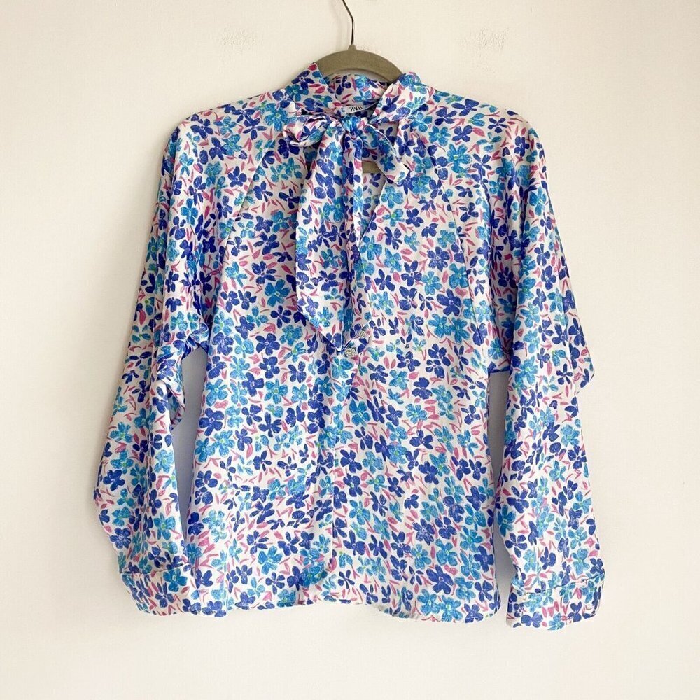 Zara Painted Floral Blue Bow Neckline Long Sleeve Blouse XS - Picture 4 of 8